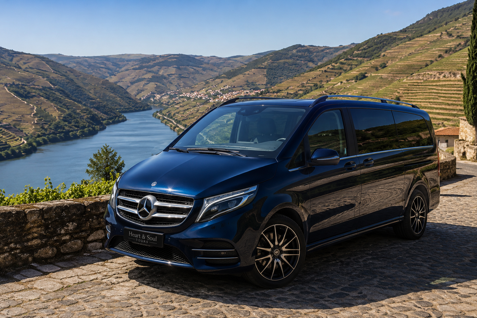 Premium Mercedes van at a Douro Valley vineyard viewpoint