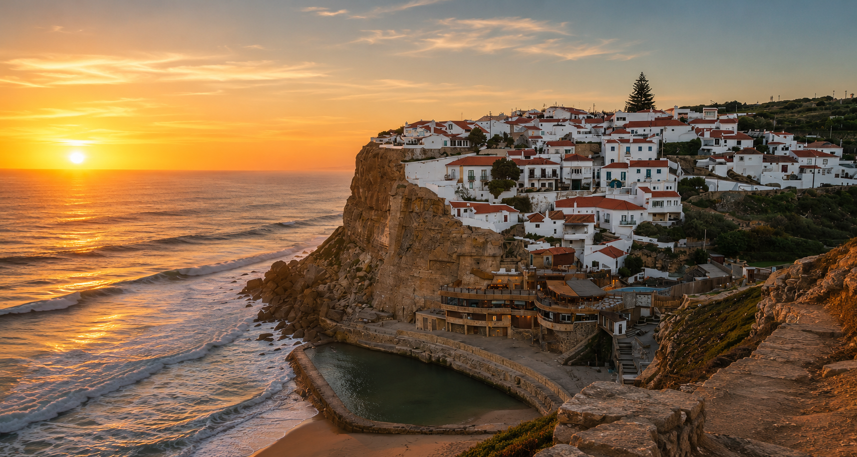 Azenhas do Mar village on the cliffs above the Atlantic at sunset, Sintra, Portugal
