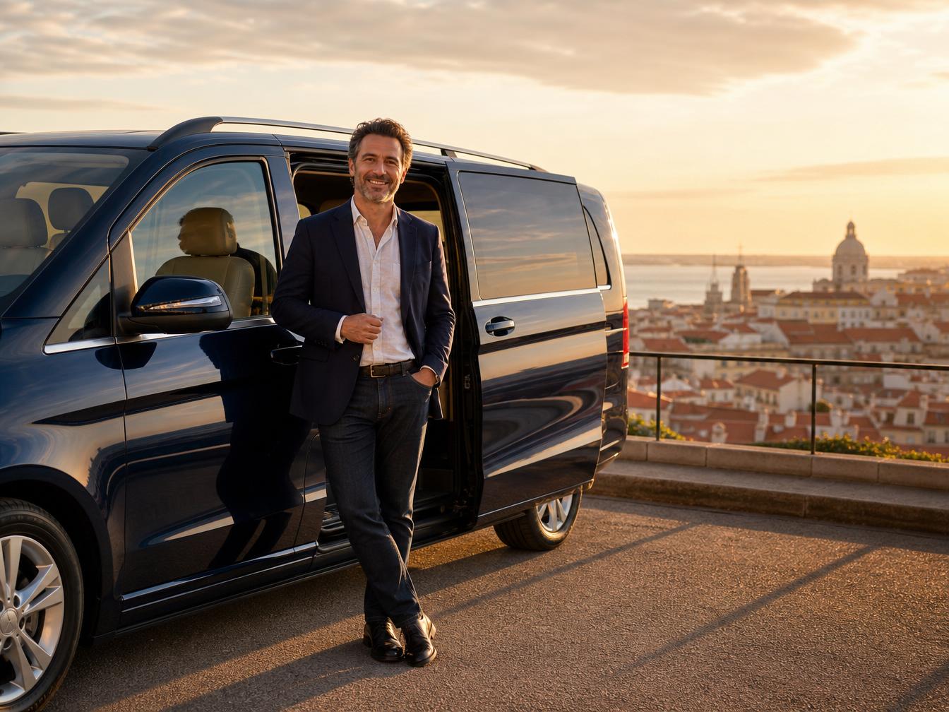 Professional chauffeur beside an executive car in Lisbon